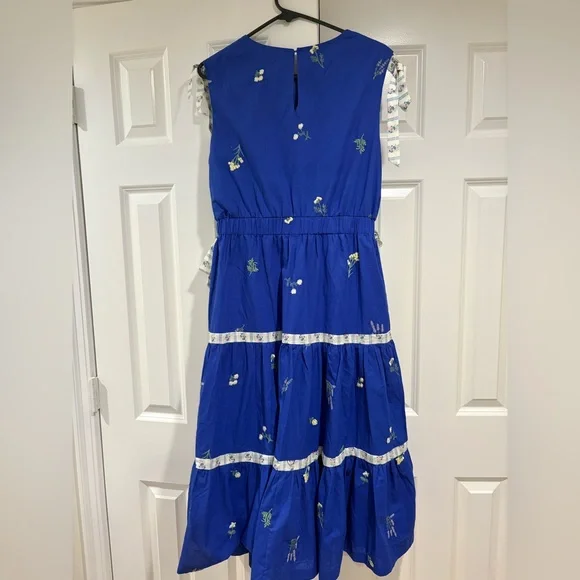 Blue Floral Embroidered Tiered Midi Dress with Ruffle Detail - Picture 6 of 7